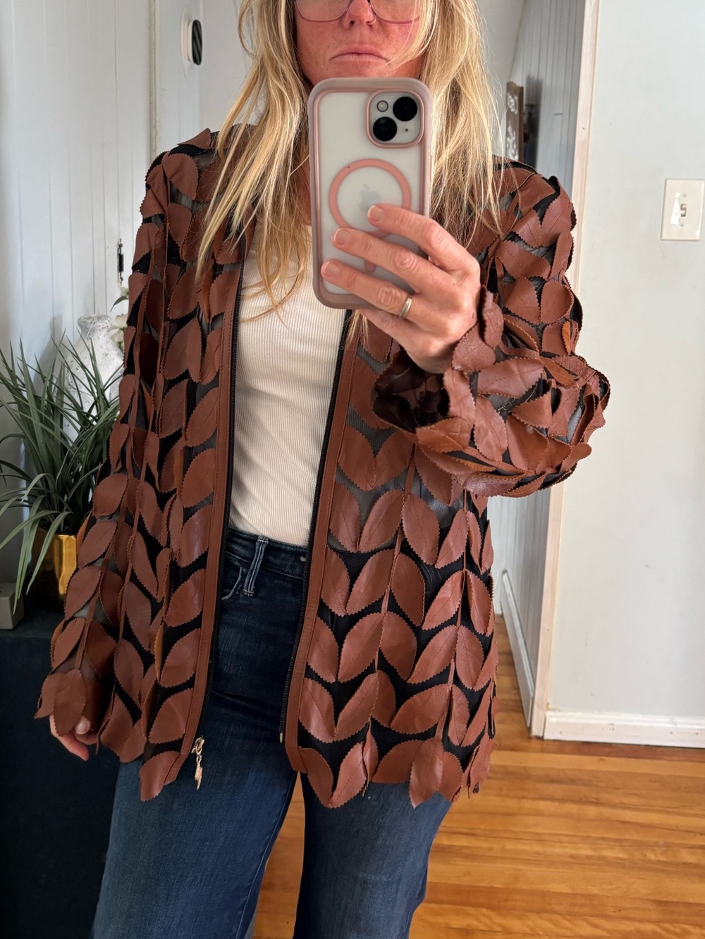 Ana Vasconcelos Cognac Brown Genuine Leather Leaf Applique Mesh Full Zip Jacket
